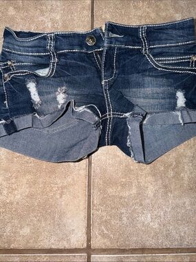 Retro -Urban heritage Distressed Dark Blue Denim Women’s Shorts